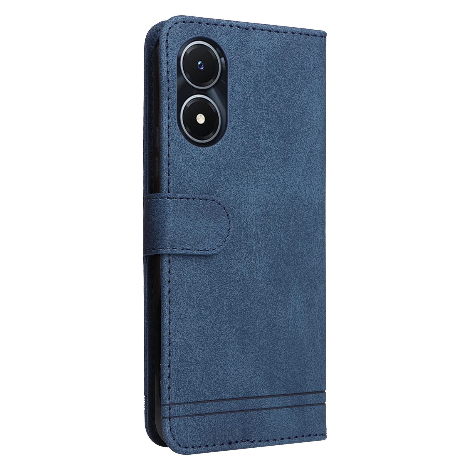 For vivo Y02s 4G / Y16 4G Lines Imprinted Skin-touch PU Leather Wallet Case Tree Pattern Metal Button Stand Flip Shockproof Cover with Strap - Blue