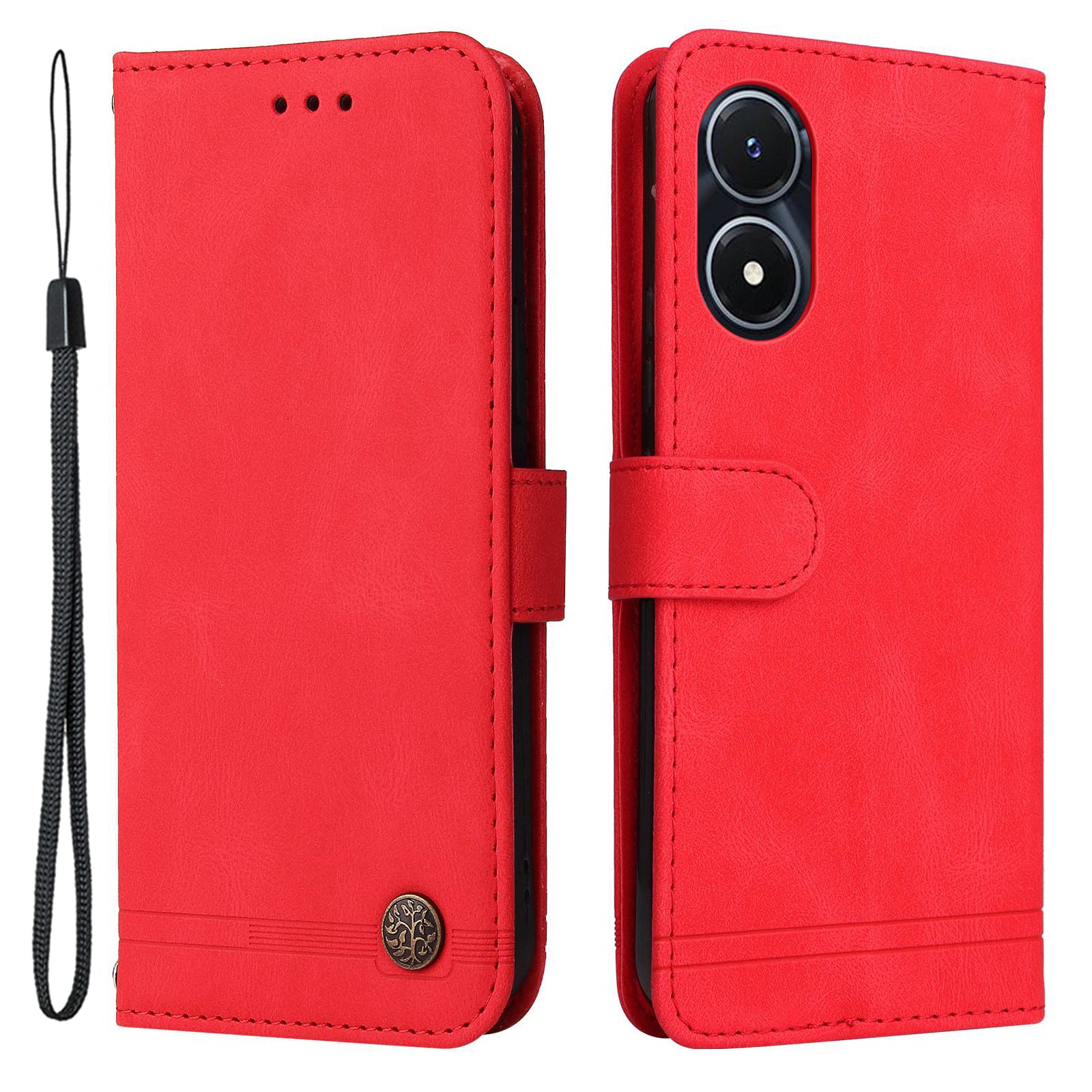 For vivo Y02s 4G / Y16 4G Lines Imprinted Skin-touch PU Leather Wallet Case Tree Pattern Metal Button Stand Flip Shockproof Cover with Strap - Red