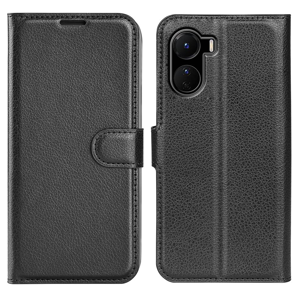 For vivo Y16 4G Litchi Texture PU Leather Wallet Stand Case Magnetic Clasp Folio Flip Protective Cover - Black