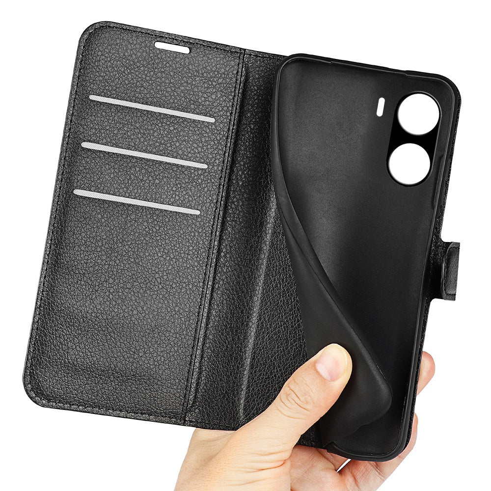 For vivo Y16 4G Litchi Texture PU Leather Wallet Stand Case Magnetic Clasp Folio Flip Protective Cover - Black