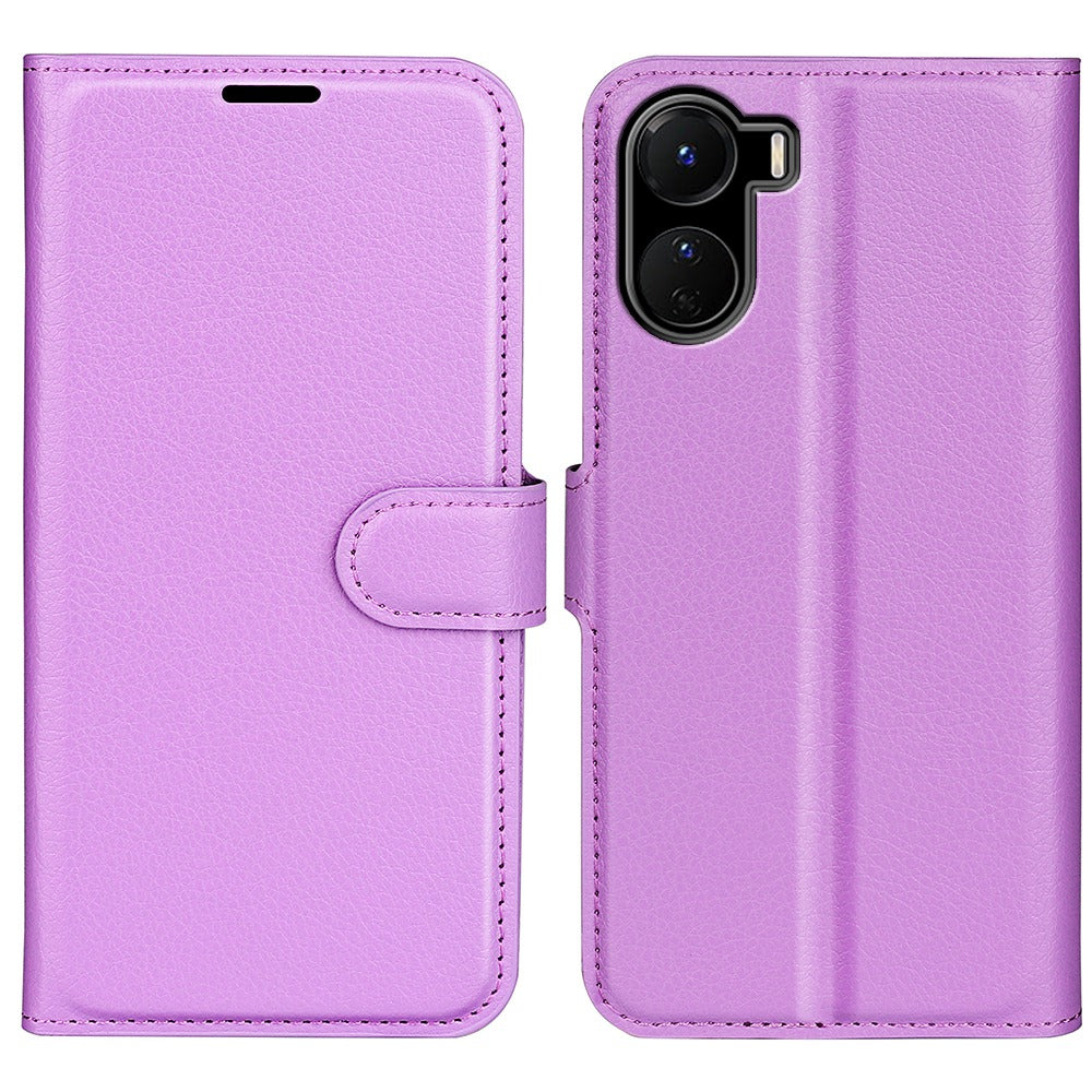 For vivo Y16 4G Litchi Texture PU Leather Wallet Stand Case Magnetic Clasp Folio Flip Protective Cover - Purple