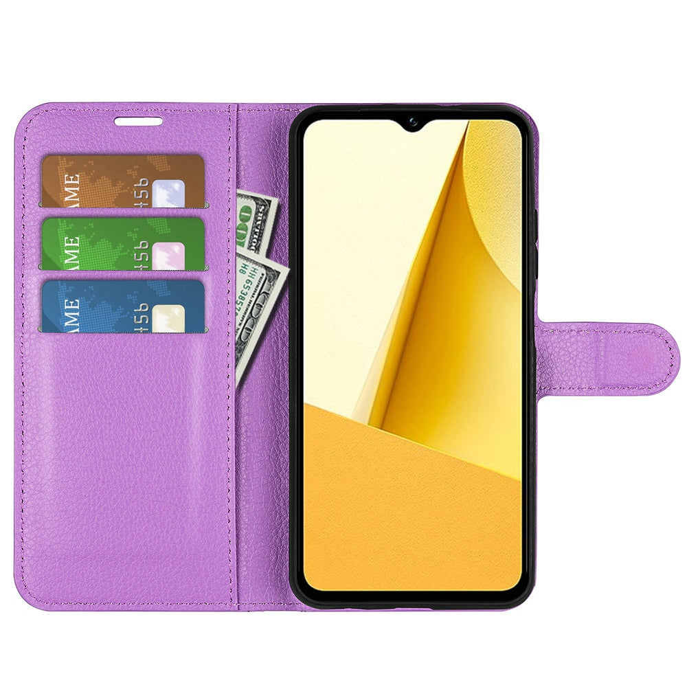 For vivo Y16 4G Litchi Texture PU Leather Wallet Stand Case Magnetic Clasp Folio Flip Protective Cover - Purple