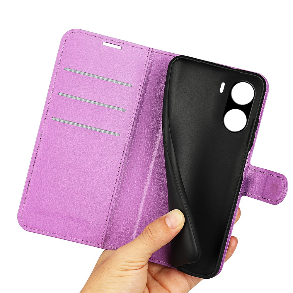 For vivo Y16 4G Litchi Texture PU Leather Wallet Stand Case Magnetic Clasp Folio Flip Protective Cover - Purple