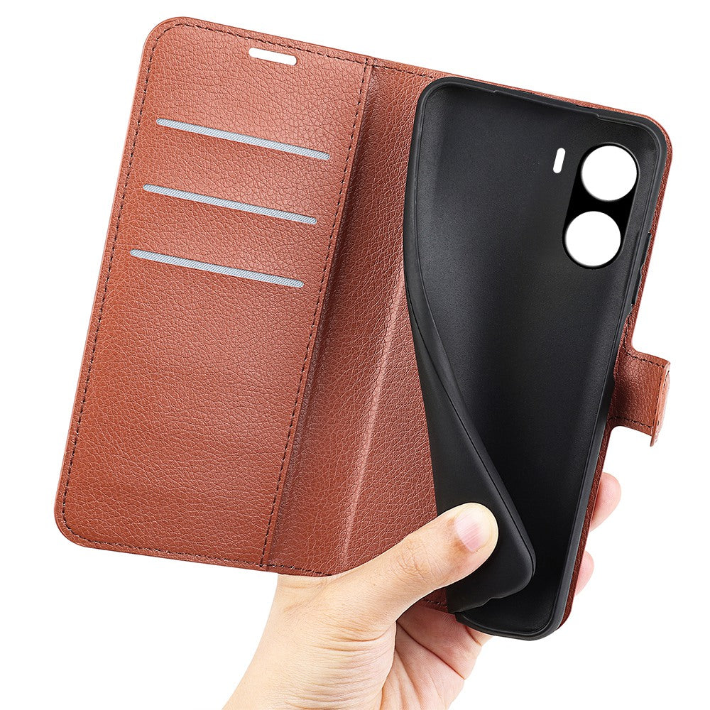 For vivo Y16 4G Litchi Texture PU Leather Wallet Stand Case Magnetic Clasp Folio Flip Protective Cover - Brown