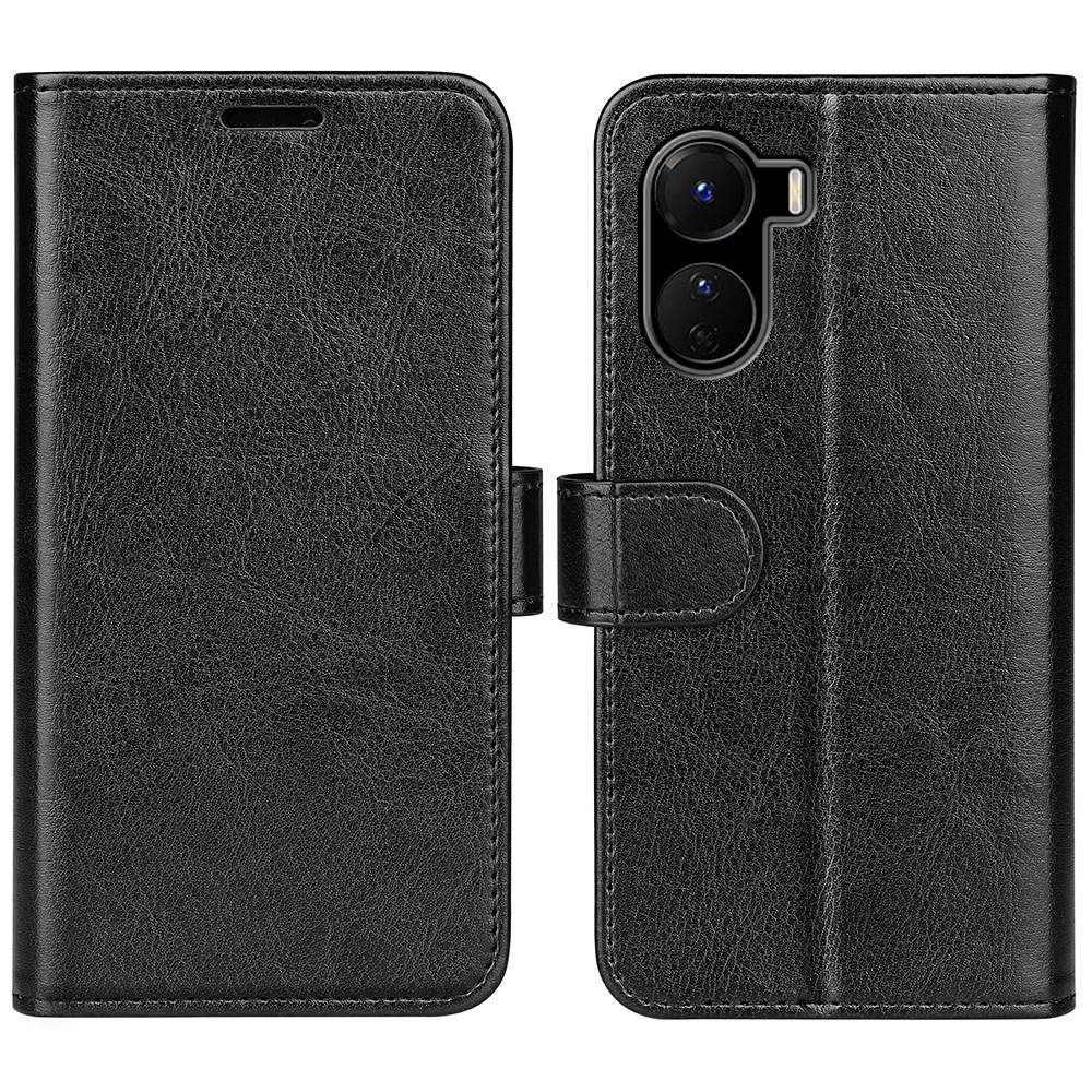 PU Leather Stand Phone Case for vivo Y16 4G, Crazy Horse Texture Folio Flip Foldable Stand Wallet Cover - Black