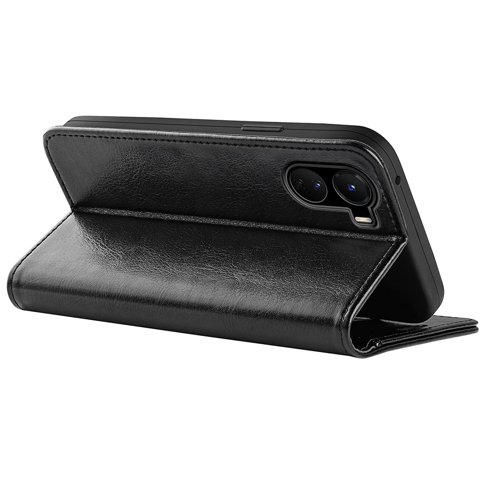 PU Leather Stand Phone Case for vivo Y16 4G, Crazy Horse Texture Folio Flip Foldable Stand Wallet Cover - Black