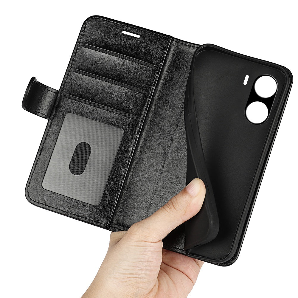 PU Leather Stand Phone Case for vivo Y16 4G, Crazy Horse Texture Folio Flip Foldable Stand Wallet Cover - Black