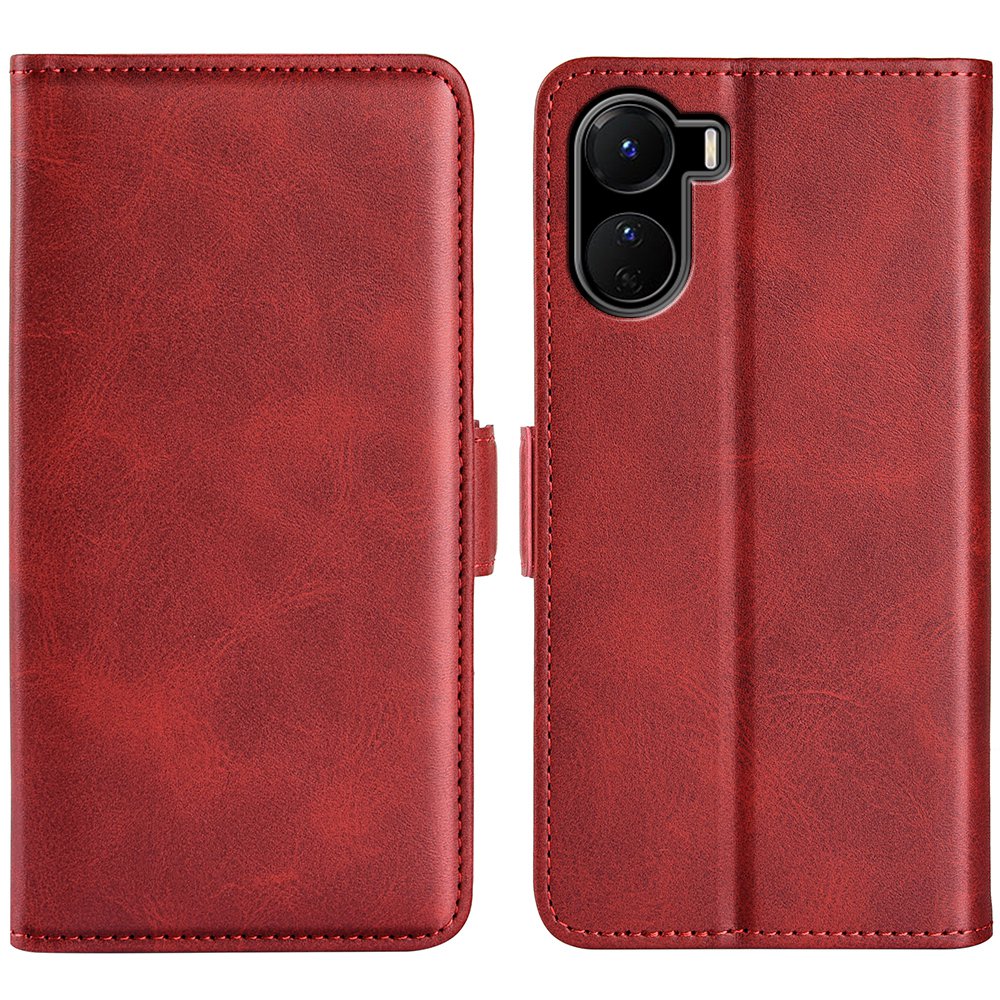 For vivo Y16 4G Calf Texture PU Leather Case Dual Magnetic Clasp Stand Wallet Folio Flip Phone Cover - Red