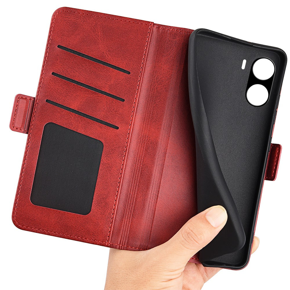 For vivo Y16 4G Calf Texture PU Leather Case Dual Magnetic Clasp Stand Wallet Folio Flip Phone Cover - Red