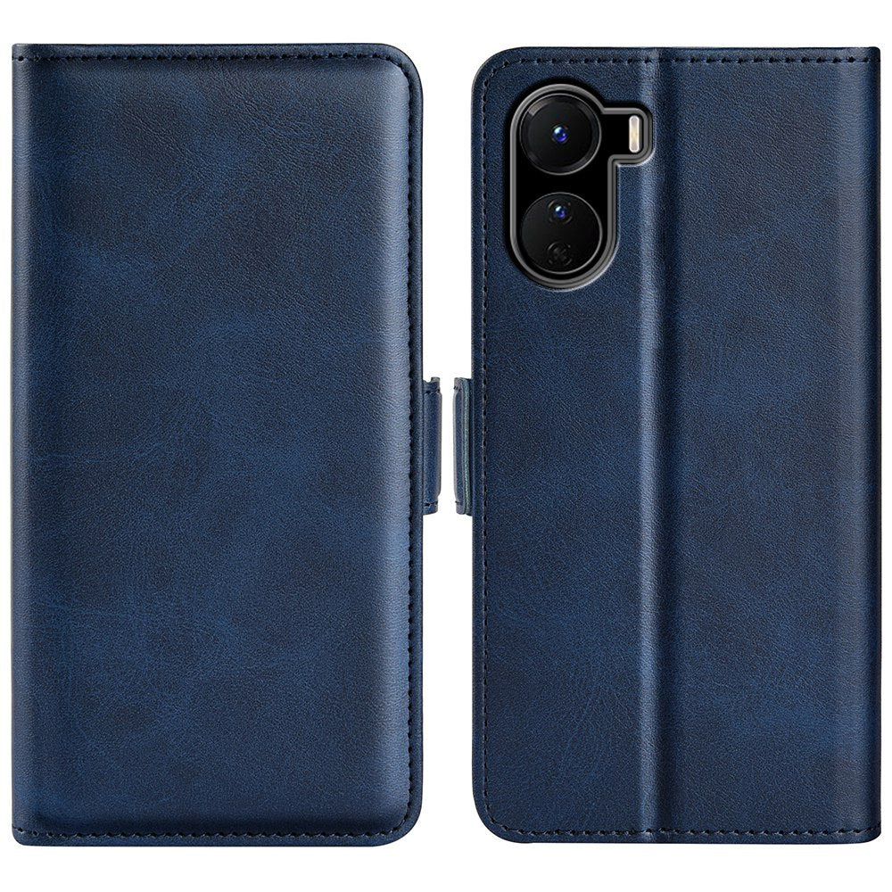 For vivo Y16 4G Calf Texture PU Leather Case Dual Magnetic Clasp Stand Wallet Folio Flip Phone Cover - Blue