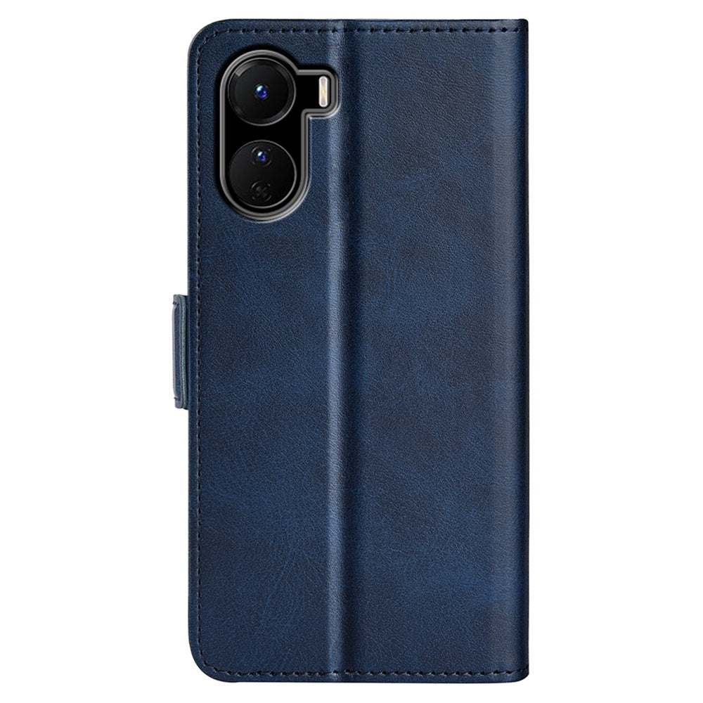 For vivo Y16 4G Calf Texture PU Leather Case Dual Magnetic Clasp Stand Wallet Folio Flip Phone Cover - Blue