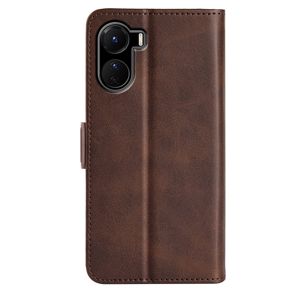 For vivo Y16 4G Calf Texture PU Leather Case Dual Magnetic Clasp Stand Wallet Folio Flip Phone Cover - Brown