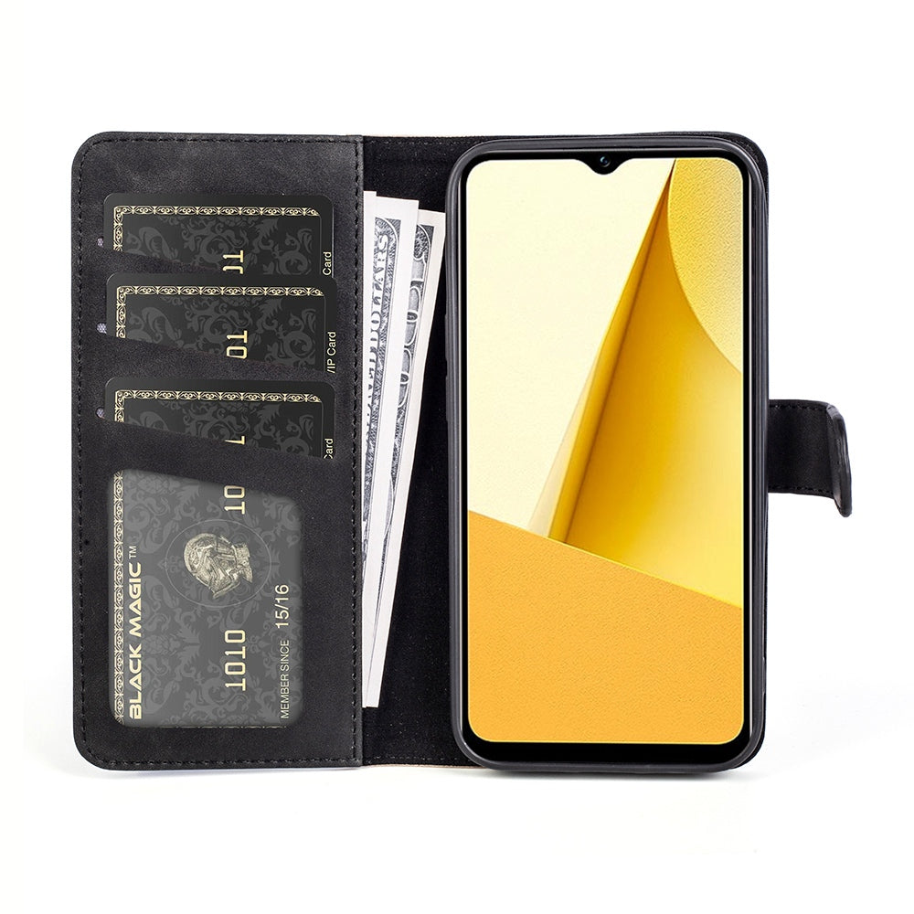 For vivo Y16 4G Color Splicing PU Leather Stand Magnetic Case Full Protection Flip Folio Wallet Phone Cover - Black