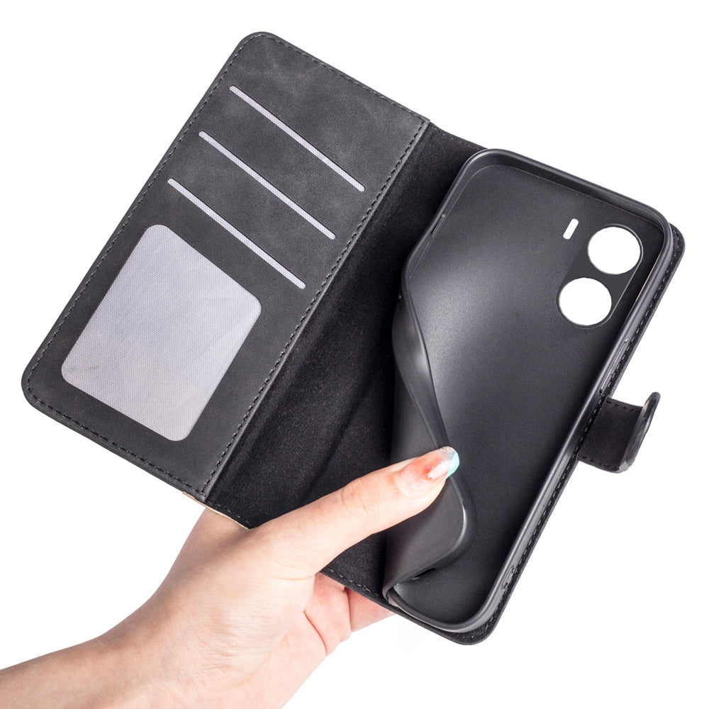 For vivo Y16 4G Color Splicing PU Leather Stand Magnetic Case Full Protection Flip Folio Wallet Phone Cover - Black