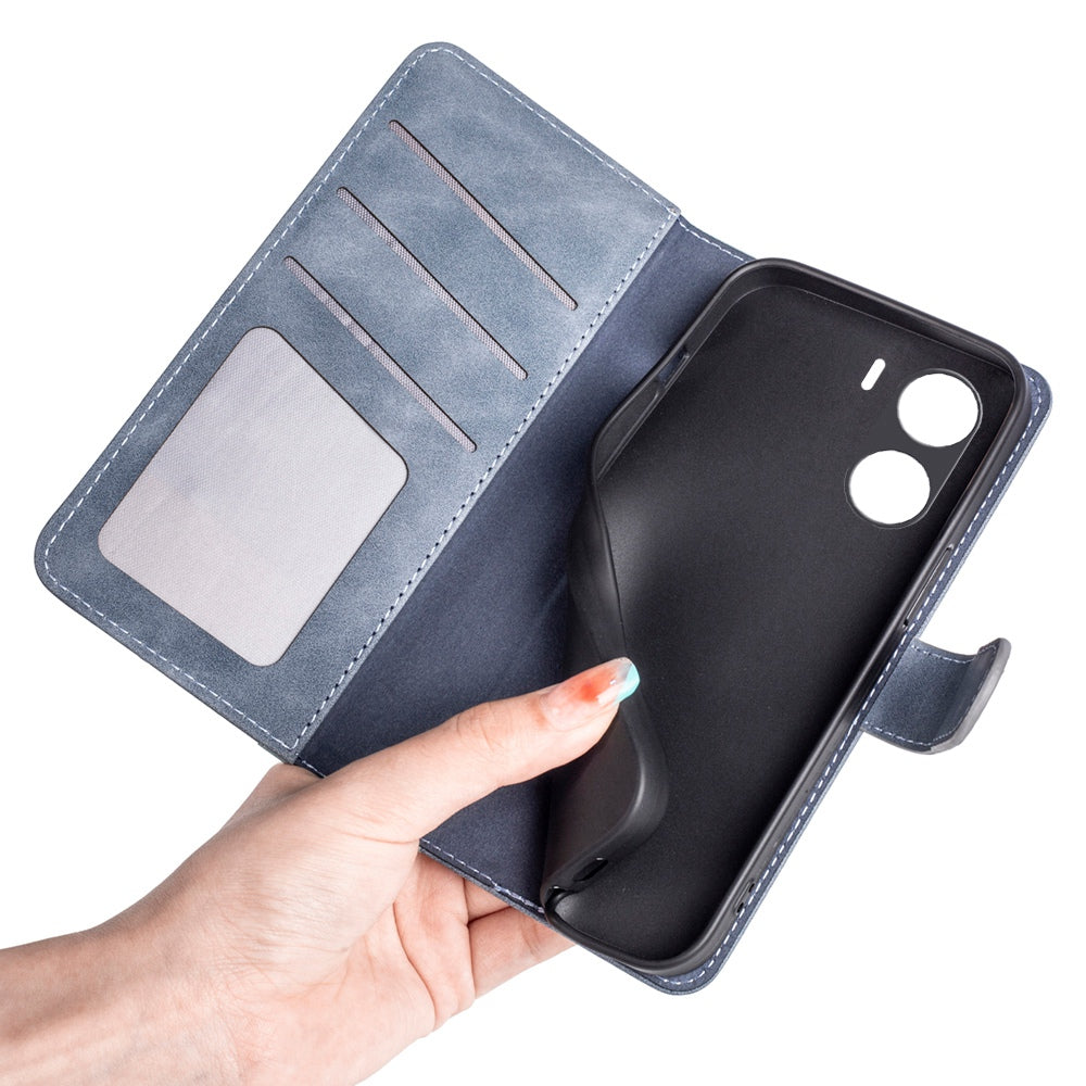 For vivo Y16 4G Color Splicing PU Leather Stand Magnetic Case Full Protection Flip Folio Wallet Phone Cover - Blue