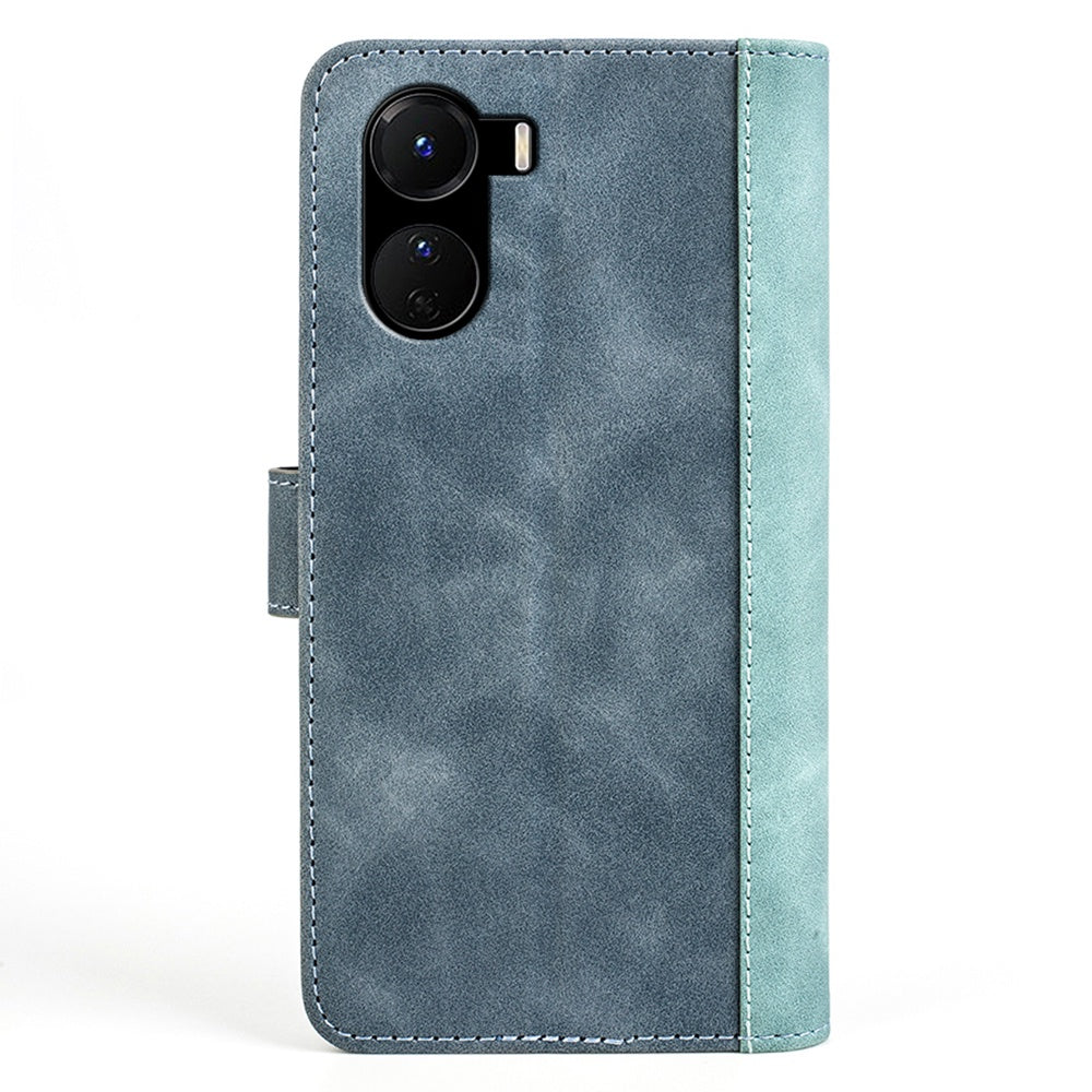 For vivo Y16 4G Color Splicing PU Leather Stand Magnetic Case Full Protection Flip Folio Wallet Phone Cover - Blue