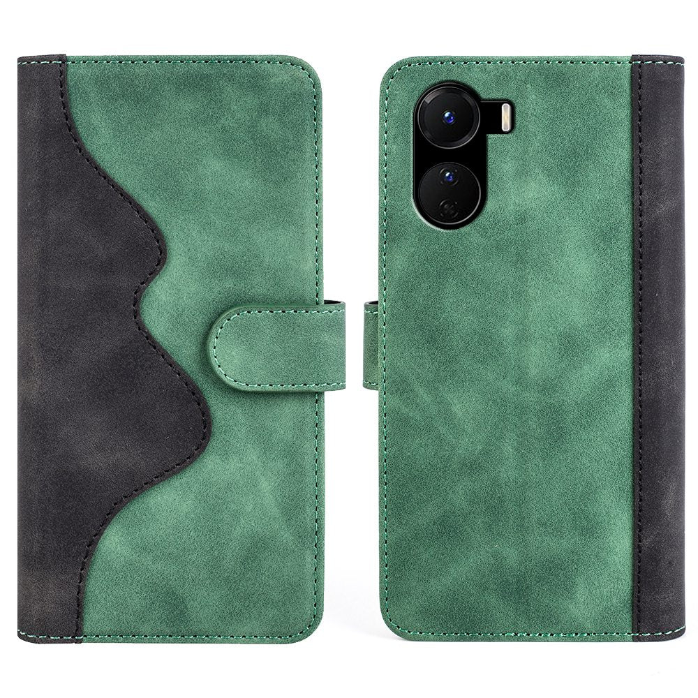 For vivo Y16 4G Color Splicing PU Leather Stand Magnetic Case Full Protection Flip Folio Wallet Phone Cover - Green