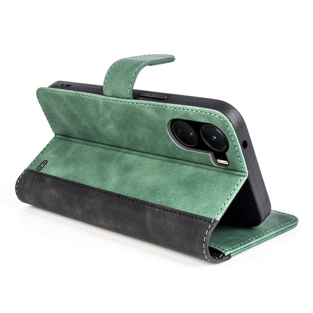 For vivo Y16 4G Color Splicing PU Leather Stand Magnetic Case Full Protection Flip Folio Wallet Phone Cover - Green