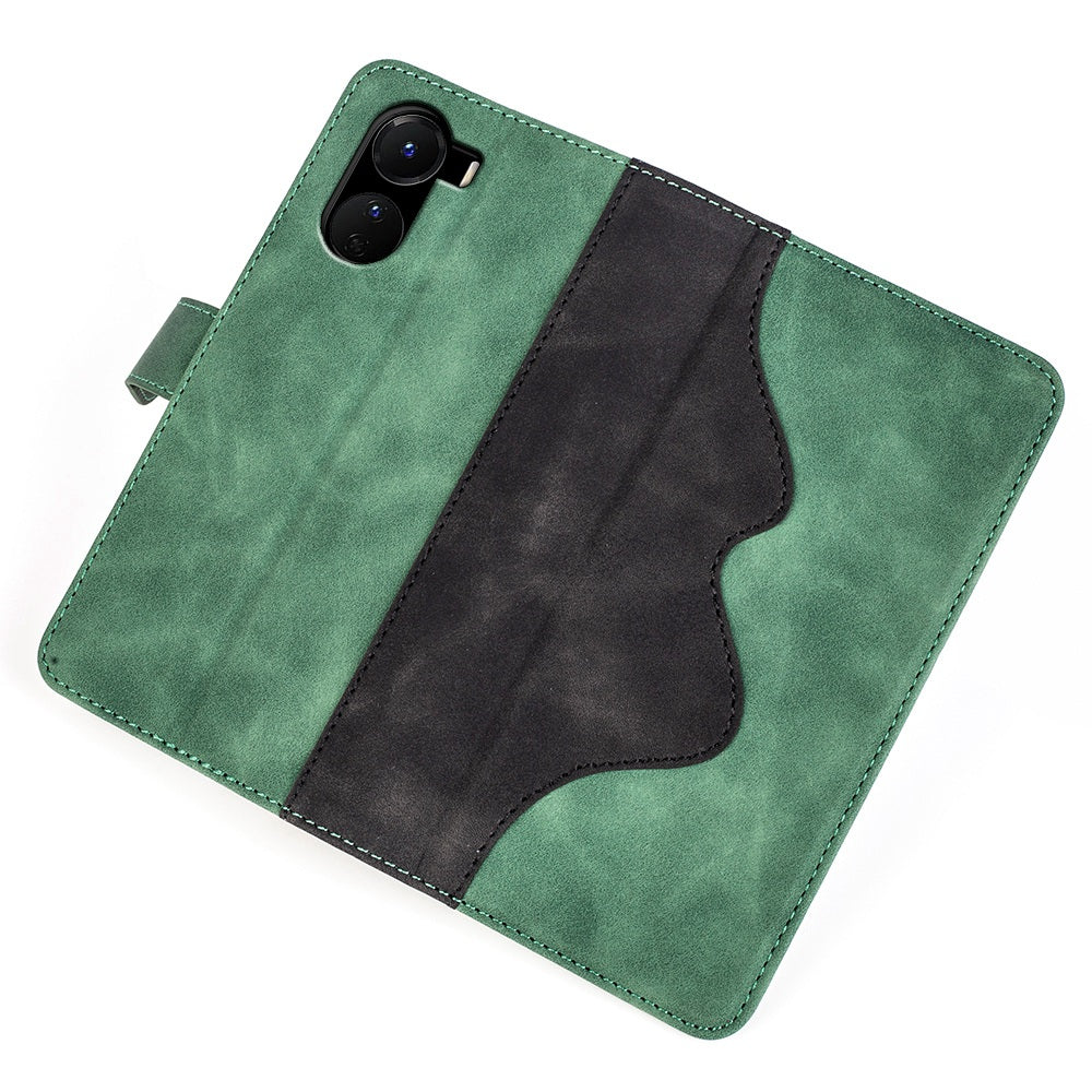 For vivo Y16 4G Color Splicing PU Leather Stand Magnetic Case Full Protection Flip Folio Wallet Phone Cover - Green