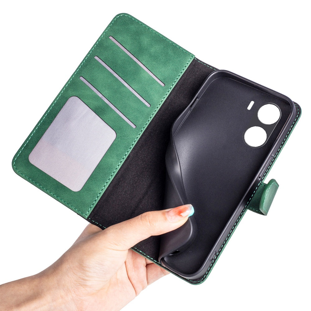 For vivo Y16 4G Color Splicing PU Leather Stand Magnetic Case Full Protection Flip Folio Wallet Phone Cover - Green