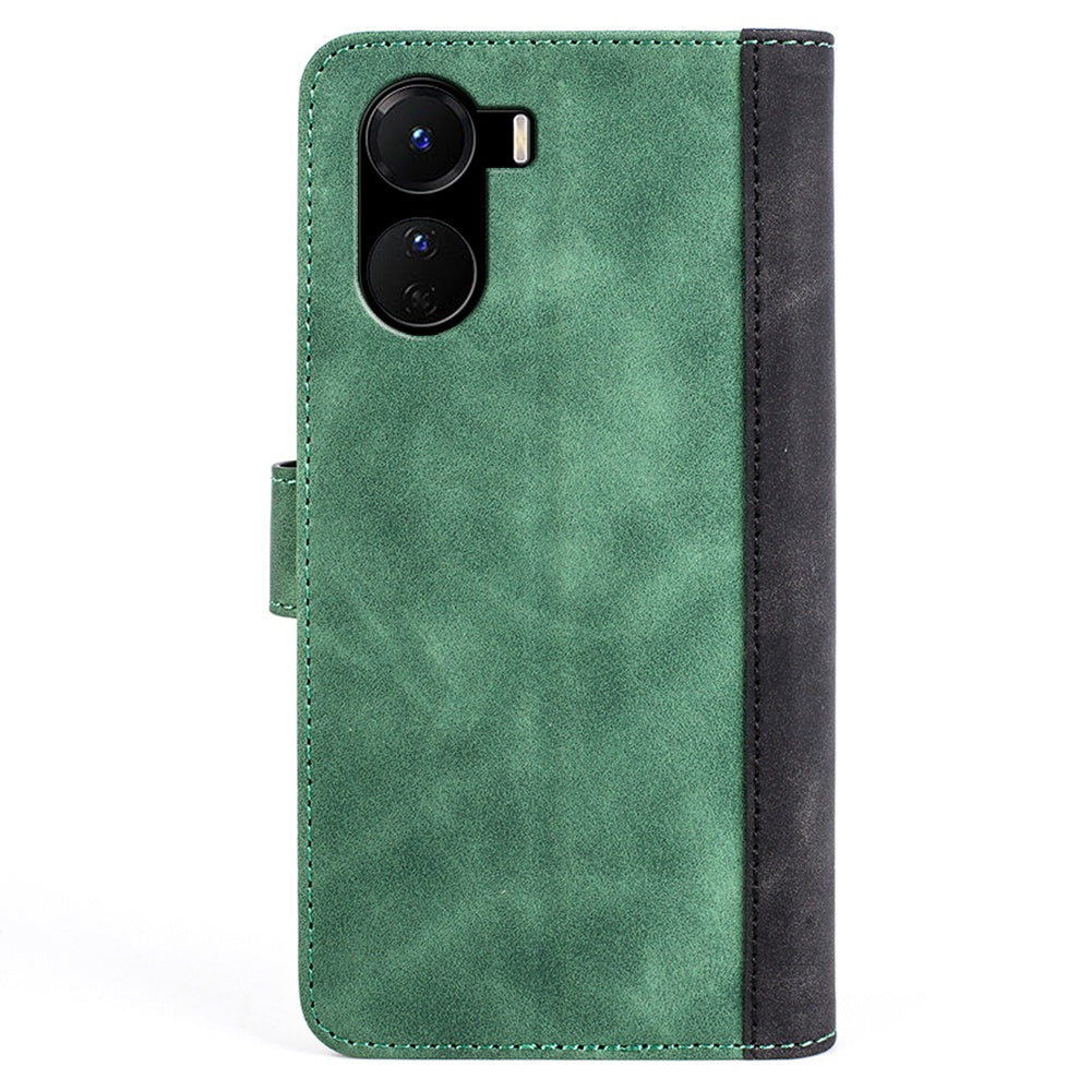 For vivo Y16 4G Color Splicing PU Leather Stand Magnetic Case Full Protection Flip Folio Wallet Phone Cover - Green