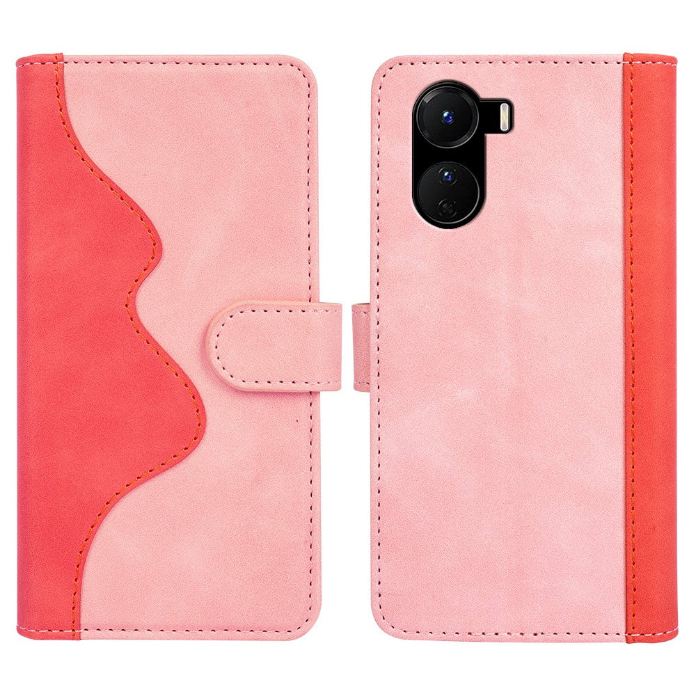 For vivo Y16 4G Color Splicing PU Leather Stand Magnetic Case Full Protection Flip Folio Wallet Phone Cover - Pink