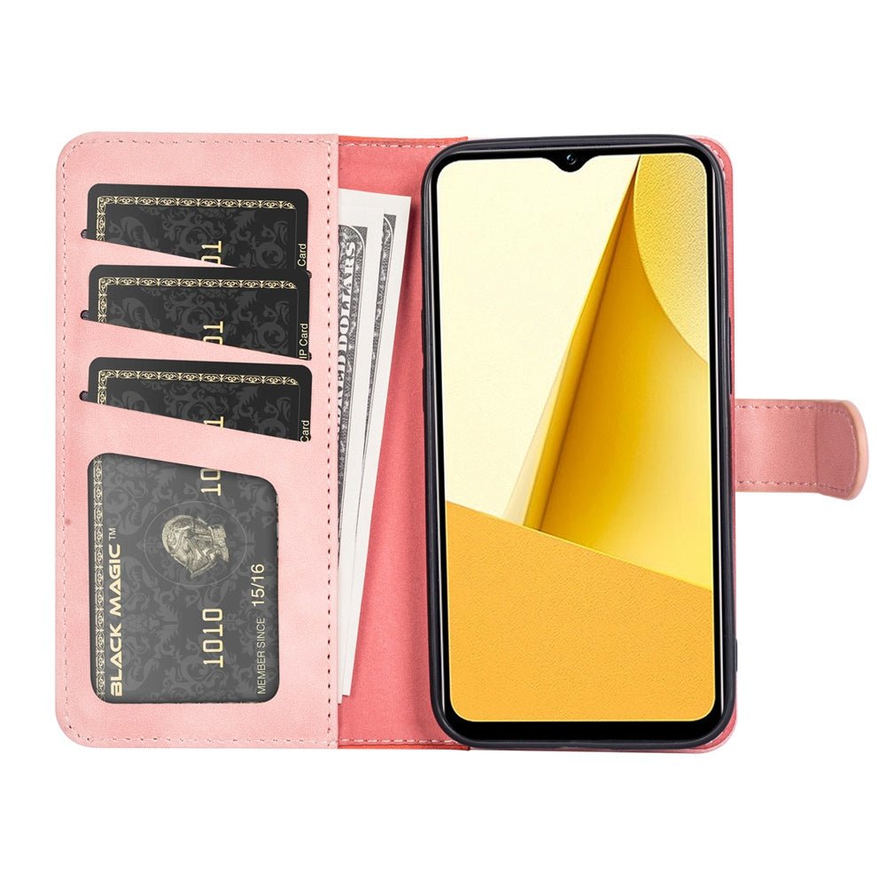 For vivo Y16 4G Color Splicing PU Leather Stand Magnetic Case Full Protection Flip Folio Wallet Phone Cover - Pink