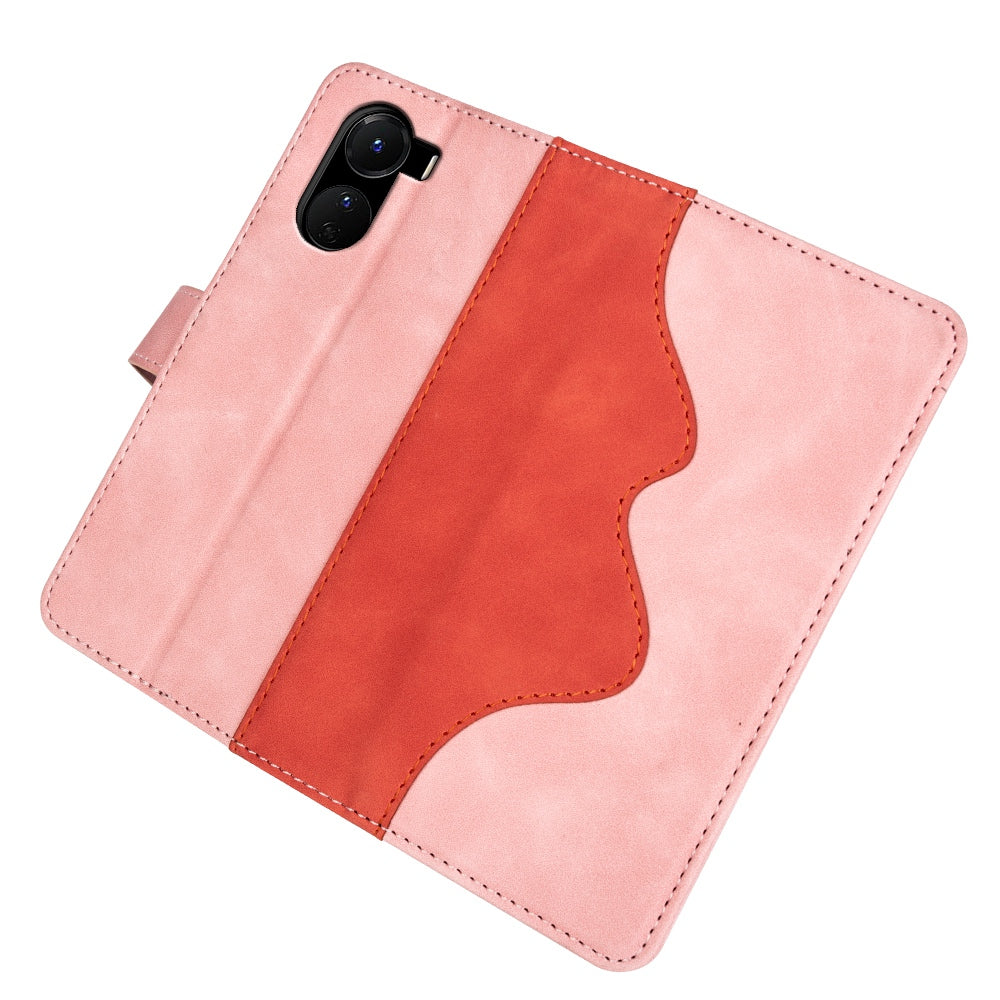 For vivo Y16 4G Color Splicing PU Leather Stand Magnetic Case Full Protection Flip Folio Wallet Phone Cover - Pink