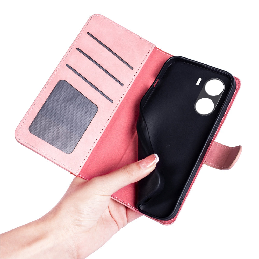 For vivo Y16 4G Color Splicing PU Leather Stand Magnetic Case Full Protection Flip Folio Wallet Phone Cover - Pink