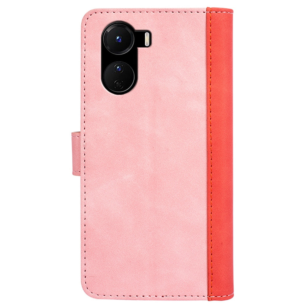 For vivo Y16 4G Color Splicing PU Leather Stand Magnetic Case Full Protection Flip Folio Wallet Phone Cover - Pink