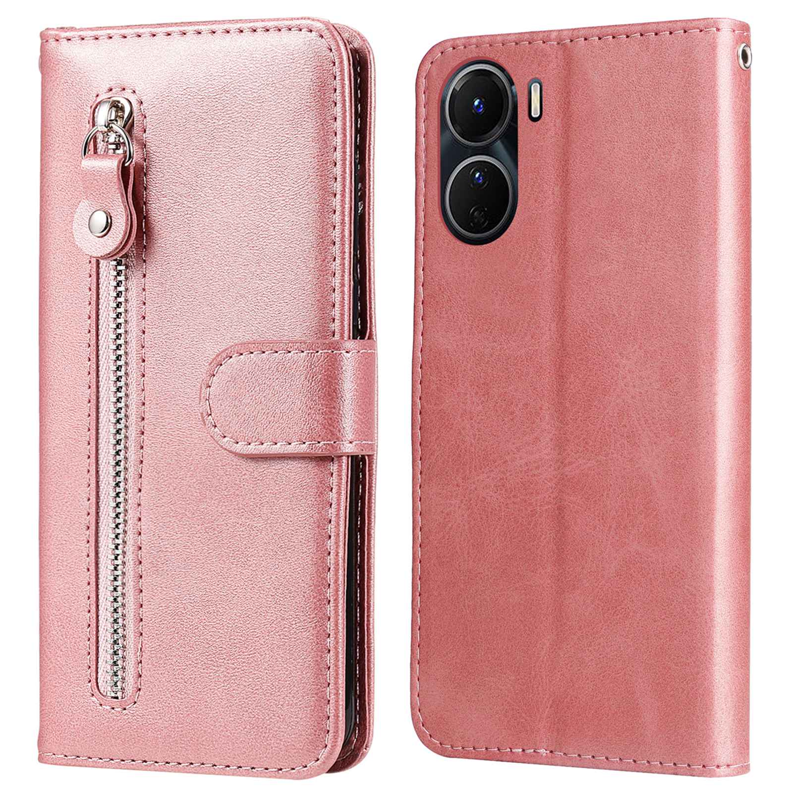 For vivo Y02s 4G / Y16 4G Zipper Pocket Phone Case Calf Texture PU Leather Wallet Folio Flip Stand Anti-drop Cover - Rose Gold