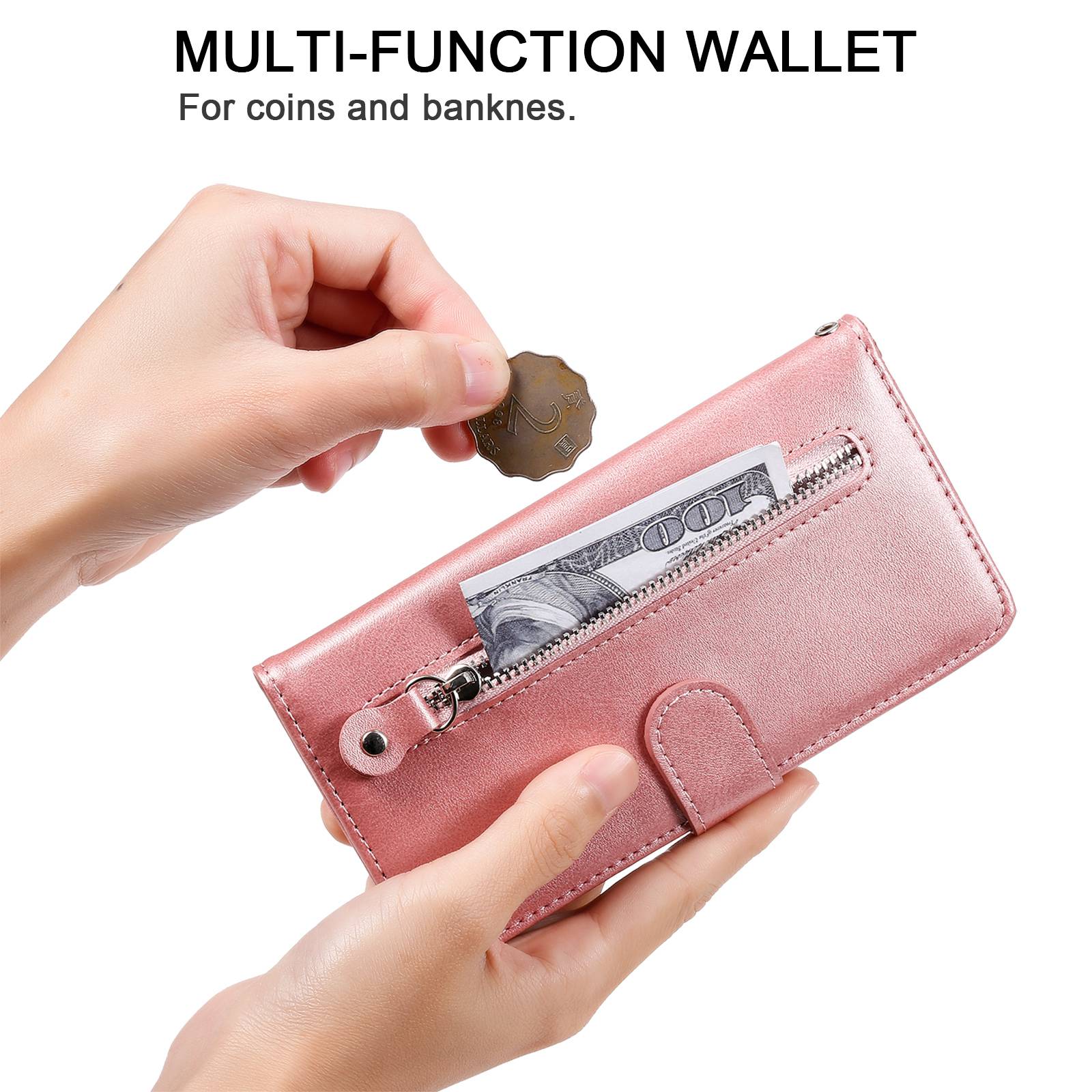 For vivo Y02s 4G / Y16 4G Zipper Pocket Phone Case Calf Texture PU Leather Wallet Folio Flip Stand Anti-drop Cover - Rose Gold