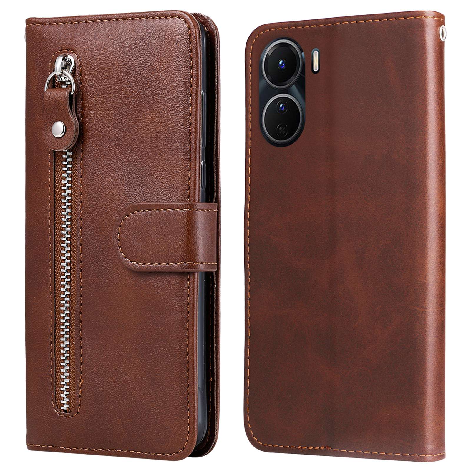 For vivo Y02s 4G / Y16 4G Zipper Pocket Phone Case Calf Texture PU Leather Wallet Folio Flip Stand Anti-drop Cover - Brown