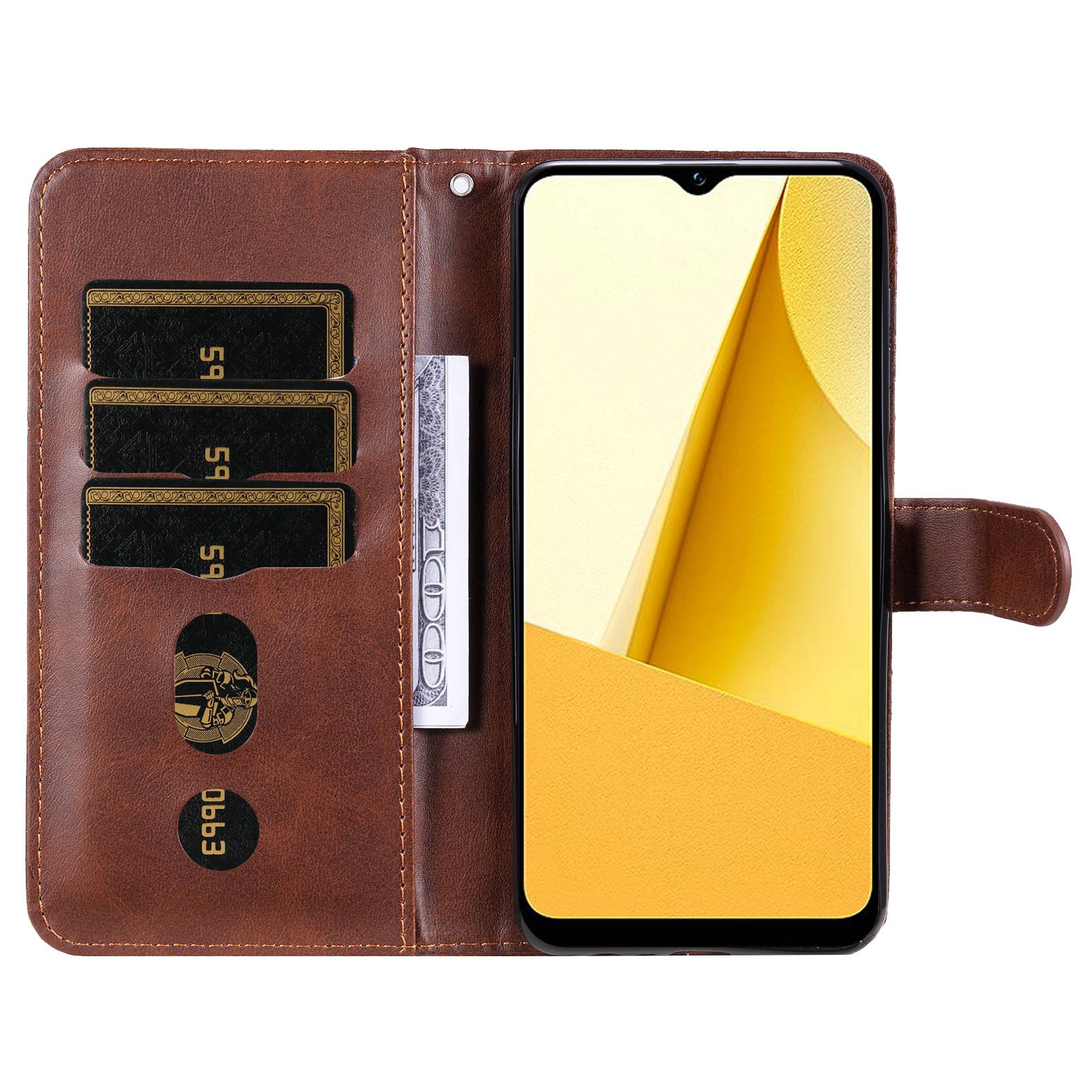 For vivo Y02s 4G / Y16 4G Zipper Pocket Phone Case Calf Texture PU Leather Wallet Folio Flip Stand Anti-drop Cover - Brown