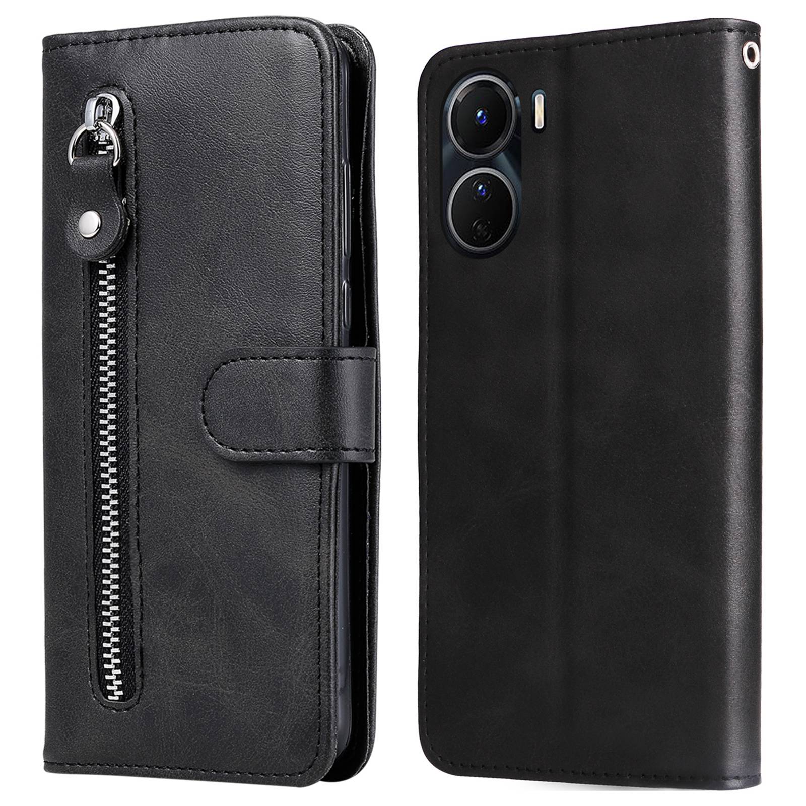 For vivo Y02s 4G / Y16 4G Zipper Pocket Phone Case Calf Texture PU Leather Wallet Folio Flip Stand Anti-drop Cover - Black