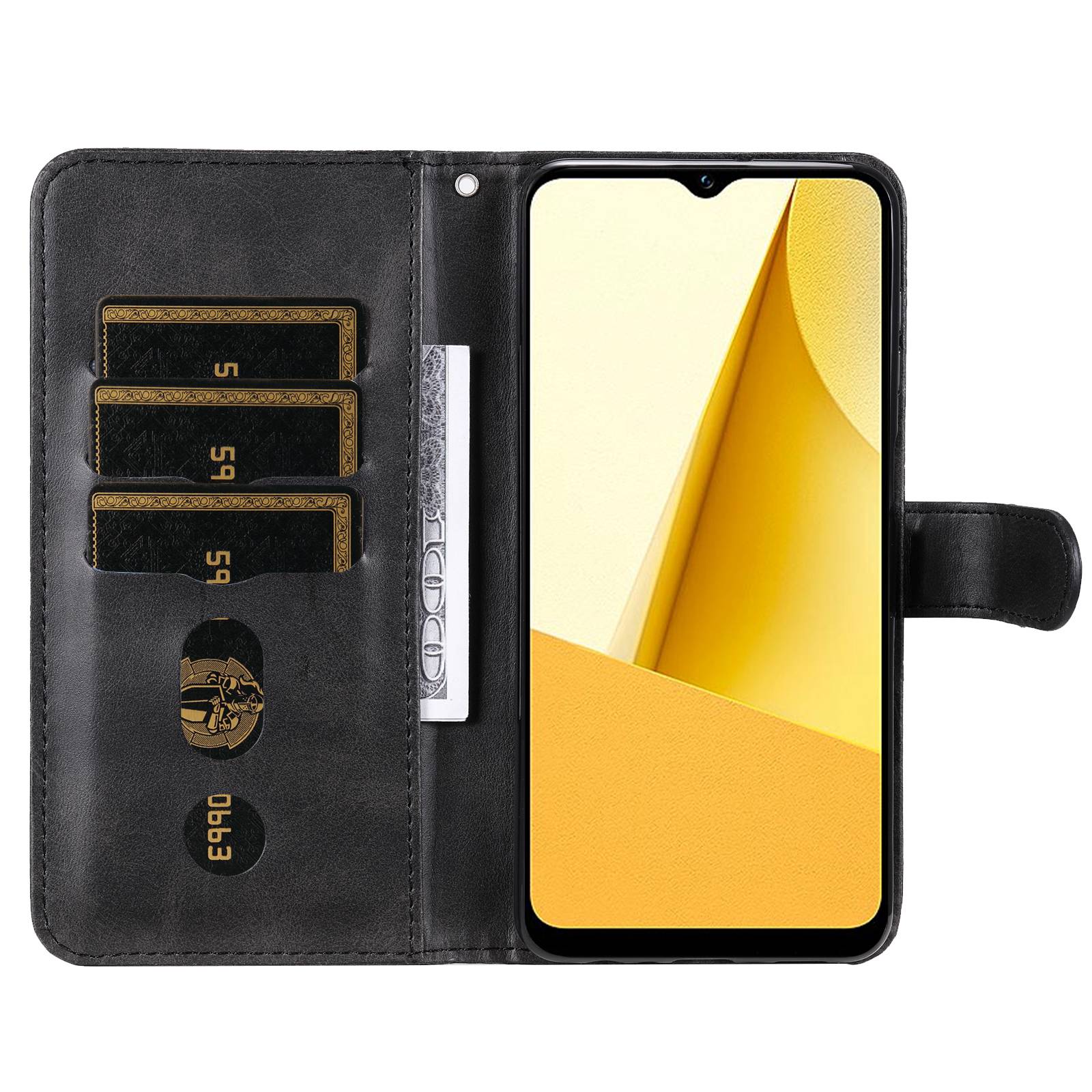 For vivo Y02s 4G / Y16 4G Zipper Pocket Phone Case Calf Texture PU Leather Wallet Folio Flip Stand Anti-drop Cover - Black