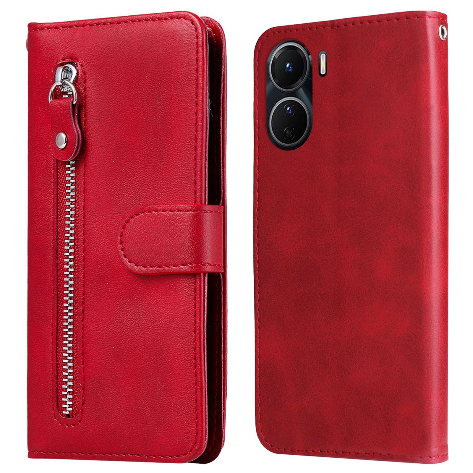 For vivo Y02s 4G / Y16 4G Zipper Pocket Phone Case Calf Texture PU Leather Wallet Folio Flip Stand Anti-drop Cover - Red