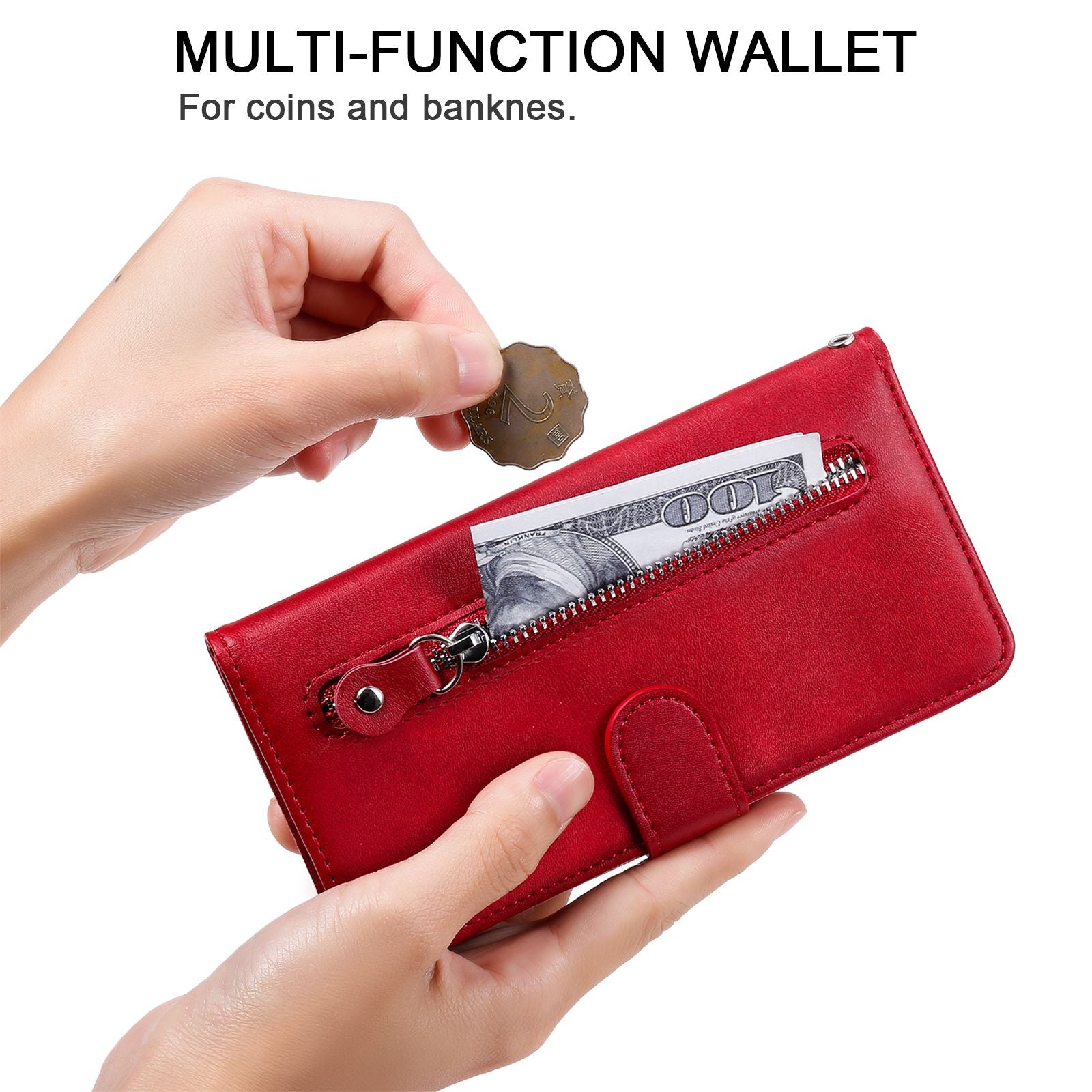 For vivo Y02s 4G / Y16 4G Zipper Pocket Phone Case Calf Texture PU Leather Wallet Folio Flip Stand Anti-drop Cover - Red