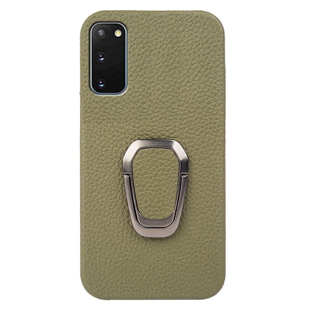 For Samsung Galaxy S20 4G / 5G Ring Kickstand Back Case Litchi Texture Genuine Leather Coated PC Phone Shockproof Cover - Dark Green