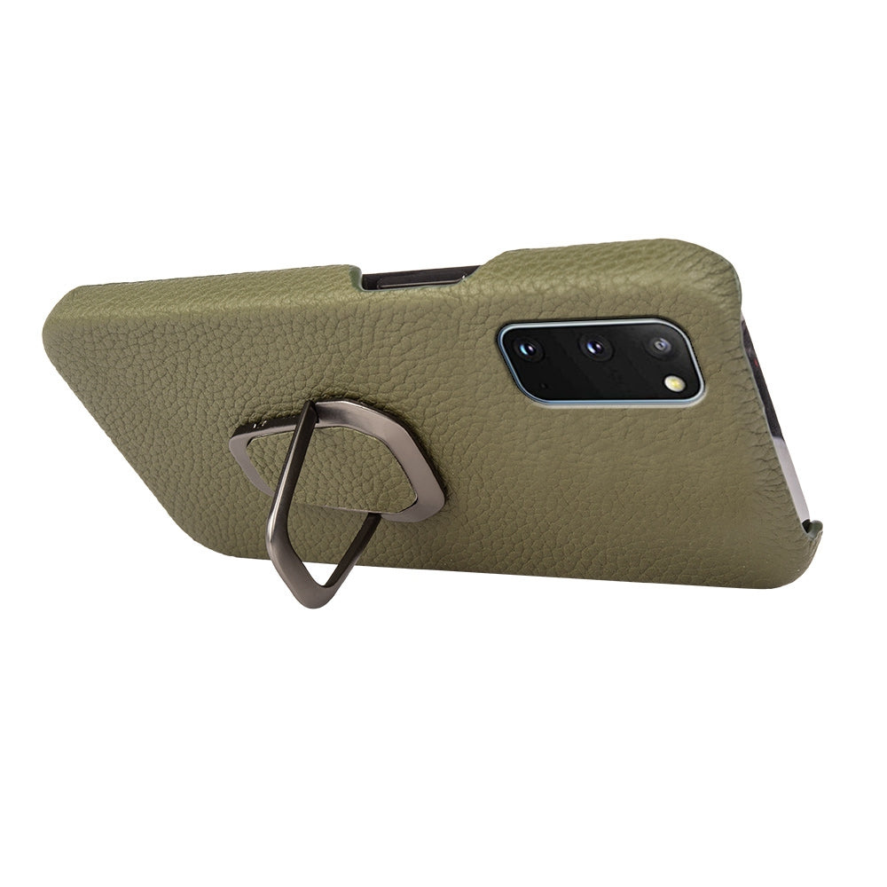 For Samsung Galaxy S20 4G / 5G Ring Kickstand Back Case Litchi Texture Genuine Leather Coated PC Phone Shockproof Cover - Dark Green