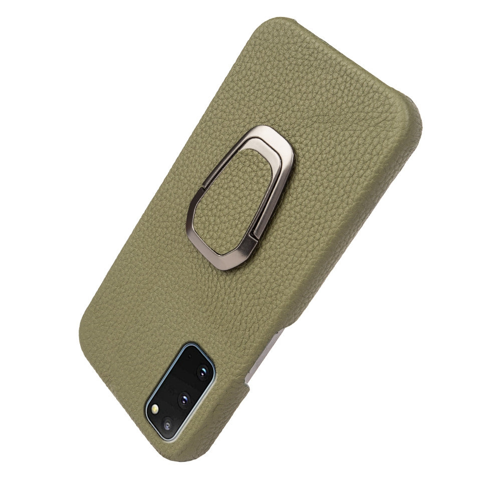 For Samsung Galaxy S20 4G / 5G Ring Kickstand Back Case Litchi Texture Genuine Leather Coated PC Phone Shockproof Cover - Dark Green