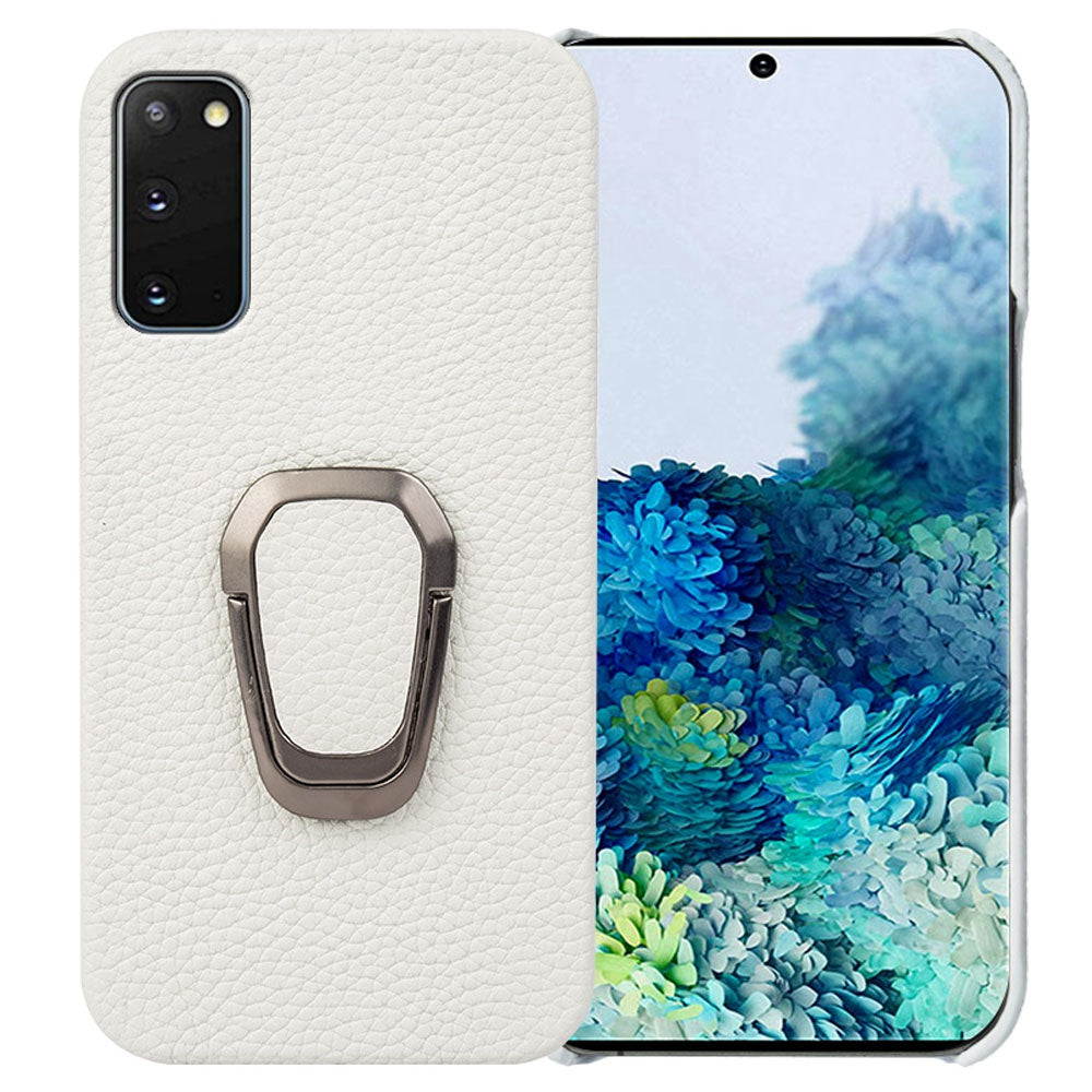 For Samsung Galaxy S20 4G / 5G Ring Kickstand Back Case Litchi Texture Genuine Leather Coated PC Phone Shockproof Cover - White