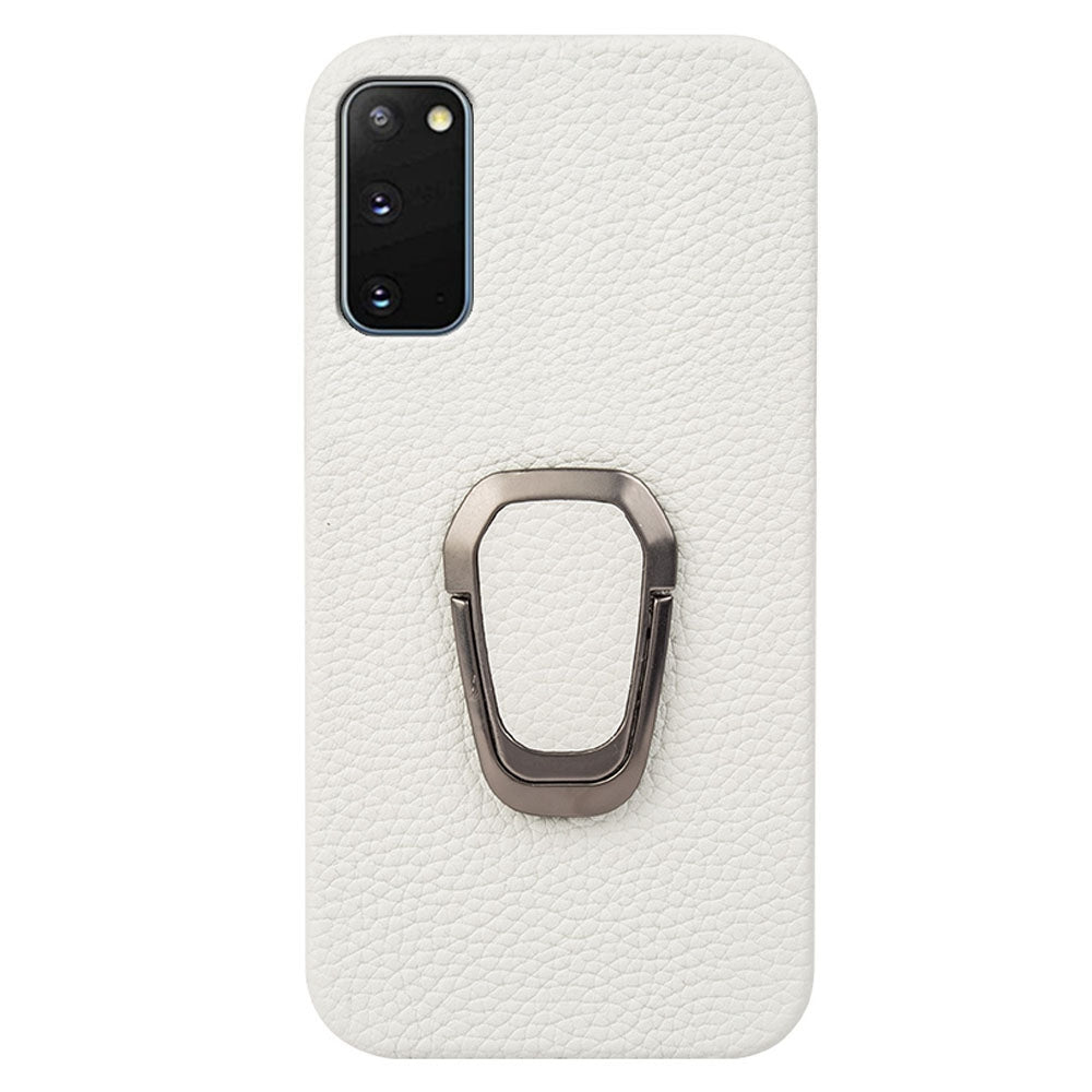 For Samsung Galaxy S20 4G / 5G Ring Kickstand Back Case Litchi Texture Genuine Leather Coated PC Phone Shockproof Cover - White