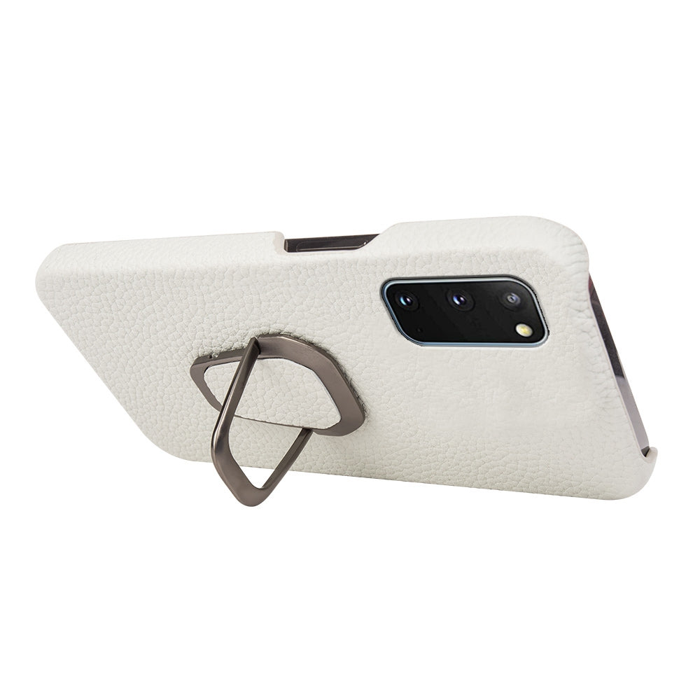 For Samsung Galaxy S20 4G / 5G Ring Kickstand Back Case Litchi Texture Genuine Leather Coated PC Phone Shockproof Cover - White