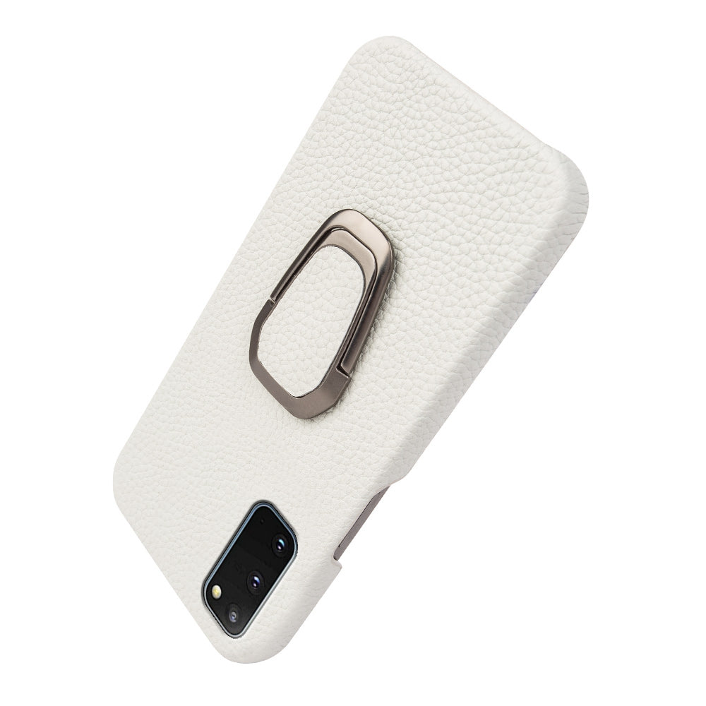 For Samsung Galaxy S20 4G / 5G Ring Kickstand Back Case Litchi Texture Genuine Leather Coated PC Phone Shockproof Cover - White