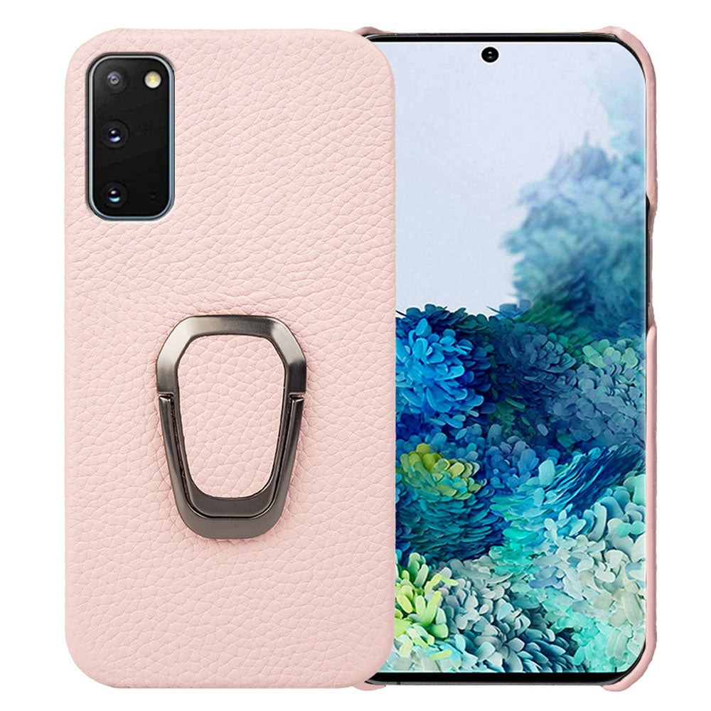 For Samsung Galaxy S20 4G / 5G Ring Kickstand Back Case Litchi Texture Genuine Leather Coated PC Phone Shockproof Cover - Pink