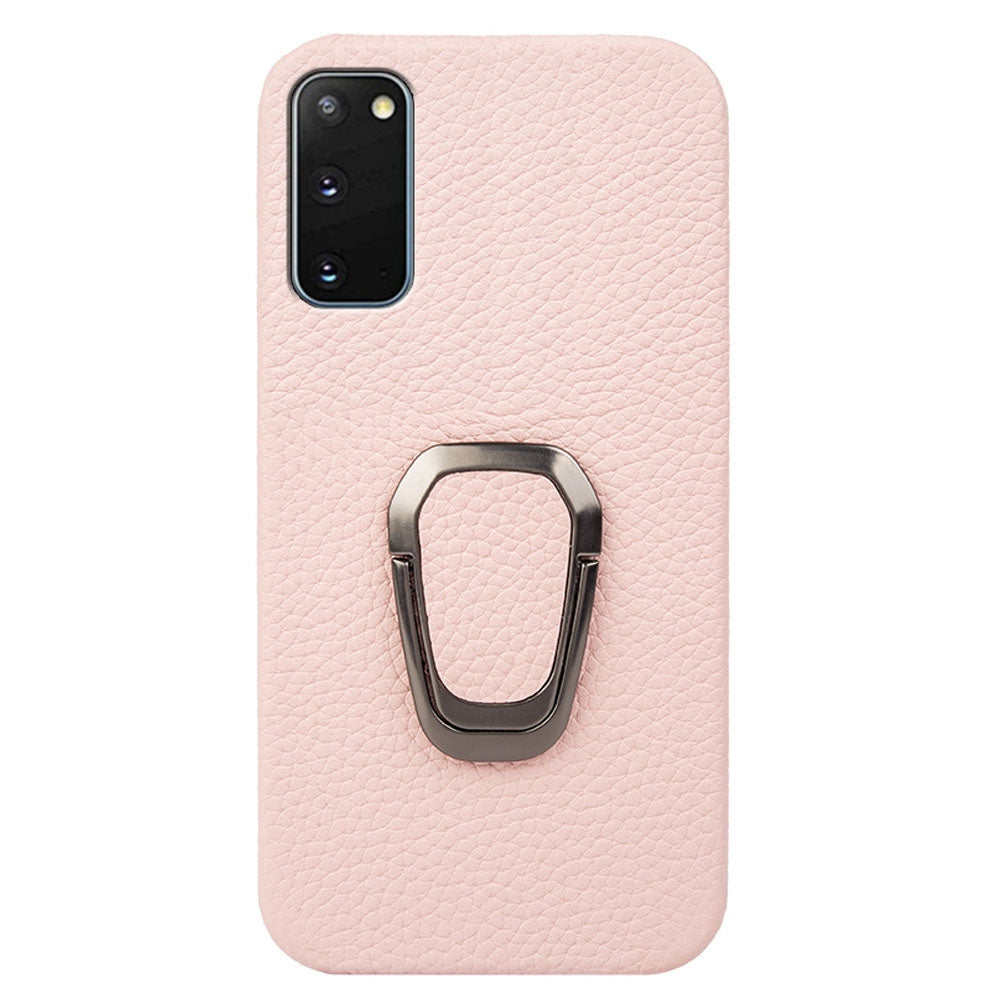 For Samsung Galaxy S20 4G / 5G Ring Kickstand Back Case Litchi Texture Genuine Leather Coated PC Phone Shockproof Cover - Pink