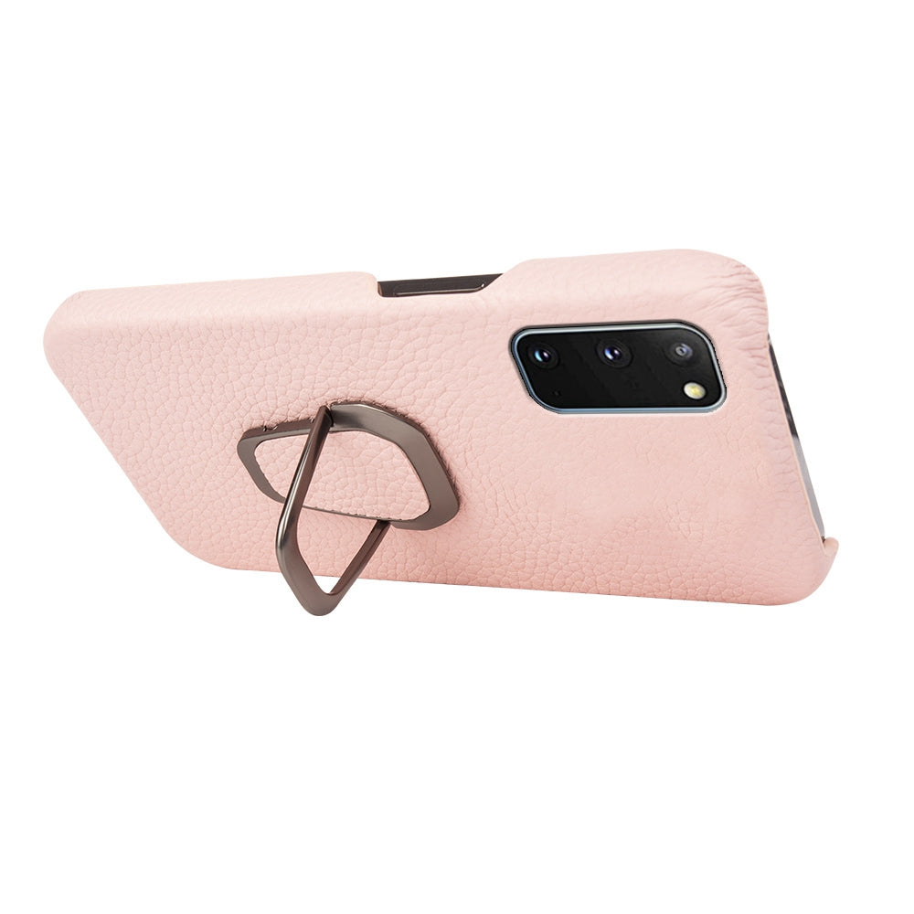 For Samsung Galaxy S20 4G / 5G Ring Kickstand Back Case Litchi Texture Genuine Leather Coated PC Phone Shockproof Cover - Pink