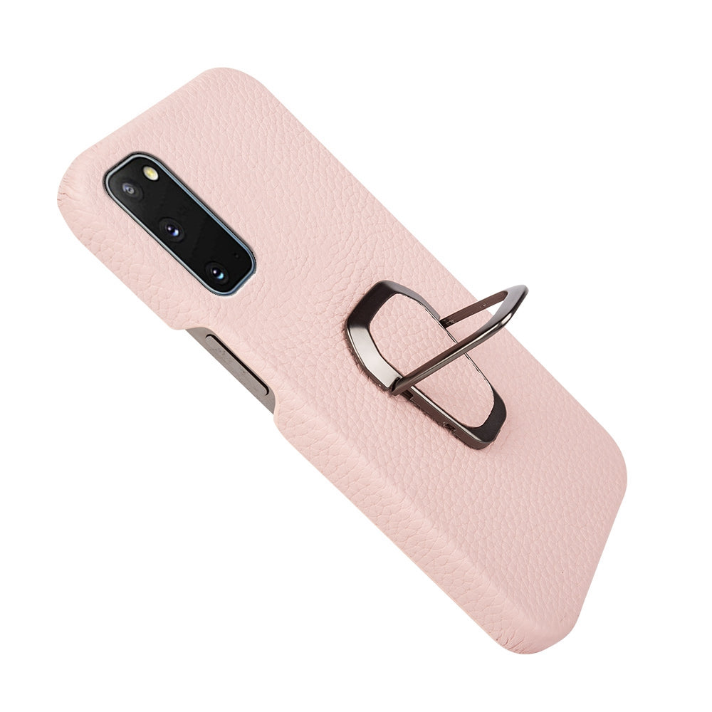 For Samsung Galaxy S20 4G / 5G Ring Kickstand Back Case Litchi Texture Genuine Leather Coated PC Phone Shockproof Cover - Pink