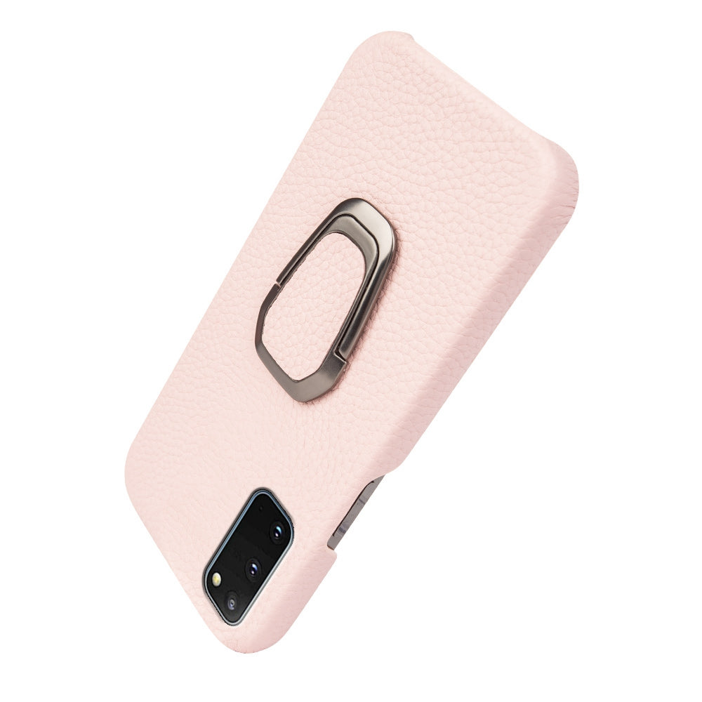 For Samsung Galaxy S20 4G / 5G Ring Kickstand Back Case Litchi Texture Genuine Leather Coated PC Phone Shockproof Cover - Pink